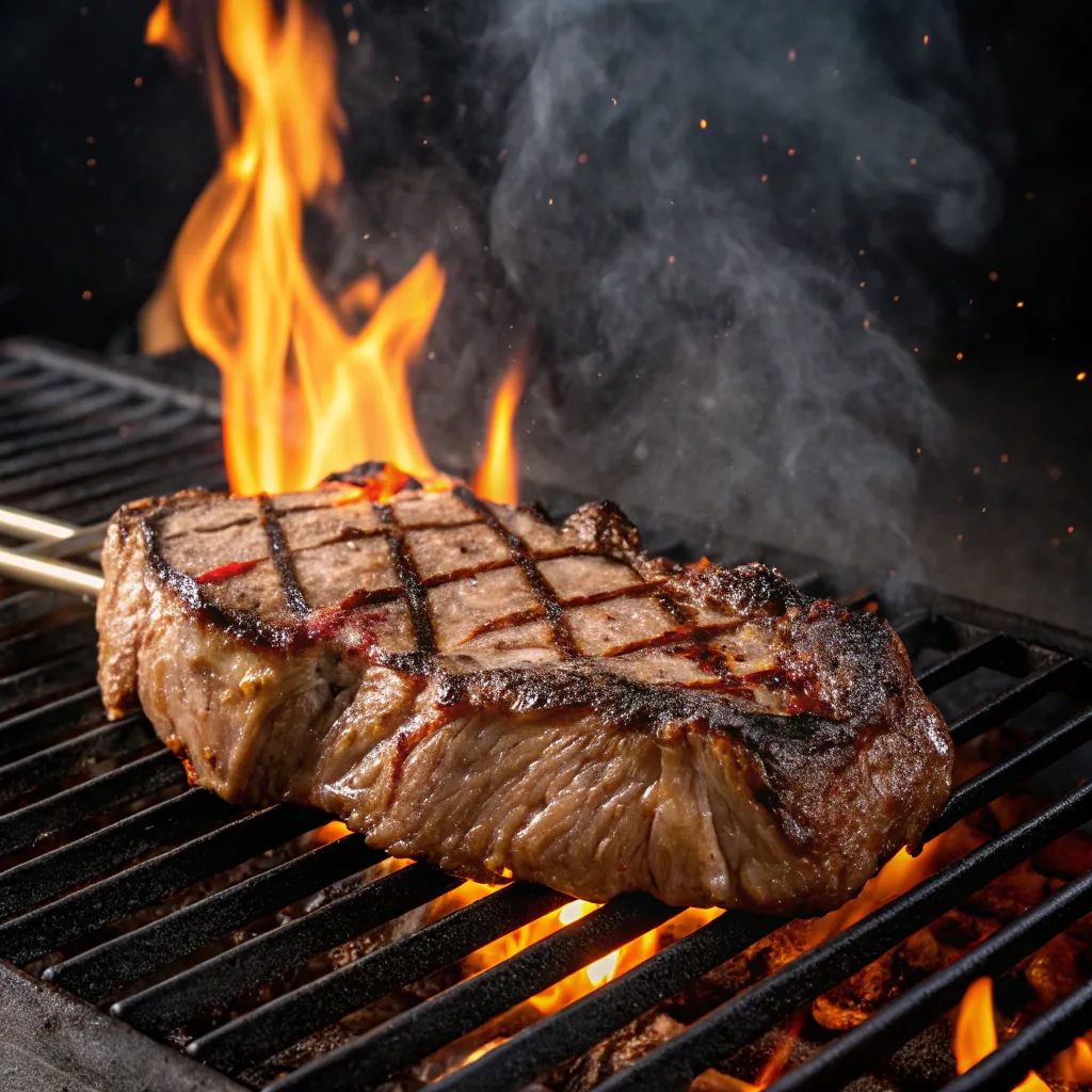 Grilled steak cooking over open flame